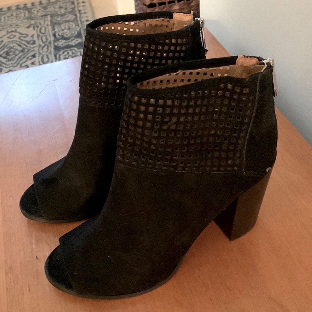 Report peep toe booties, black suede, woman’s size 8, silver zipper accents.